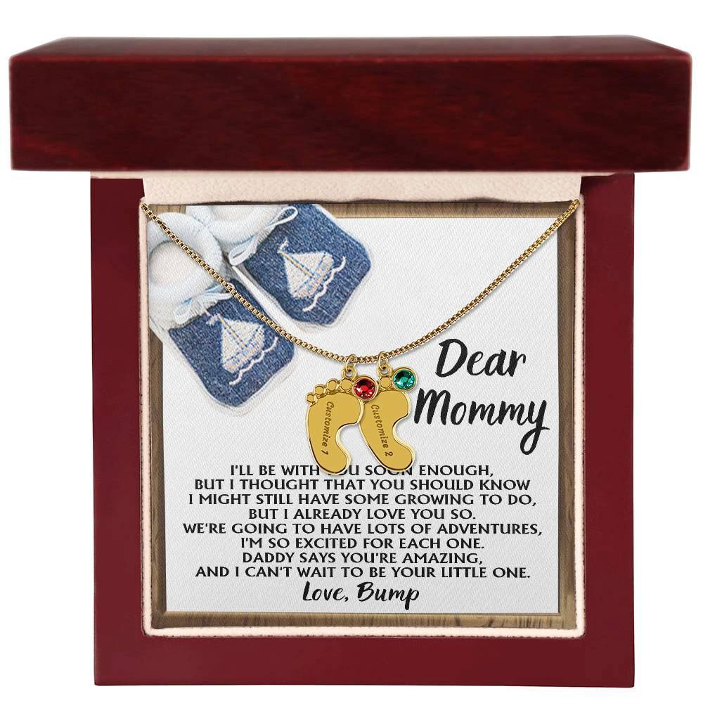 Dear Mommy I Already Love You Pregnancy Engraved Name Baby Feet Charm Necklace with Birthstone Gift for New Mom