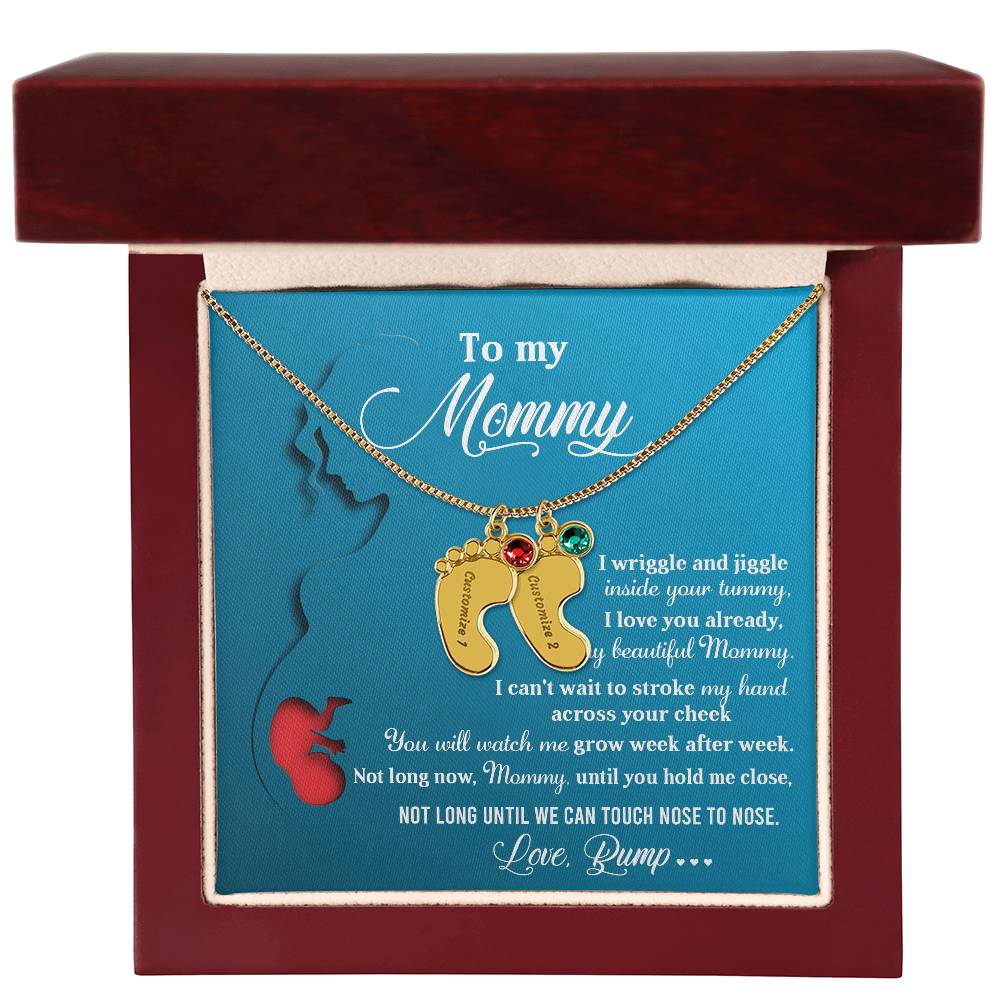 New Mom Gift Not Long Now Until You Can Hold Me Close Baby Feet Engraved Name Charm Necklace with Birthstone - Mallard Moon Gift Shop