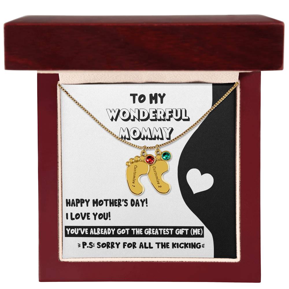 Gift for New Mom - Sorry for All the Kicking Baby Feet Engraved Name Charm Necklace with Birthstone - Mallard Moon Gift Shop