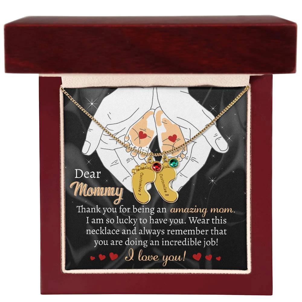 Pregnant Mother Gift You are doing an Incredible Job Engraved Name Baby Feet Necklace with Birthstone