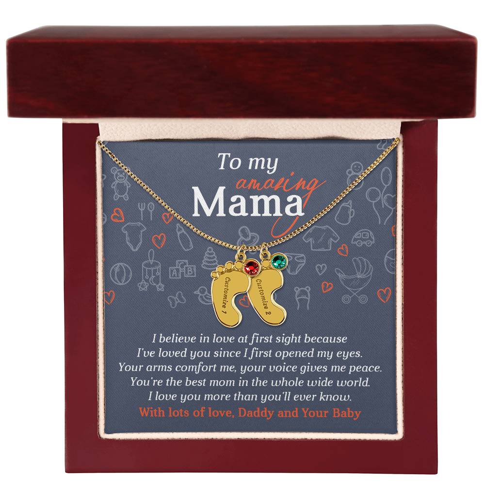 To My Amazing Mama I Believe in Love at First Sight Engraved Name Baby Feet Pendant Necklace with Birthstone - Mallard Moon Gift Shop