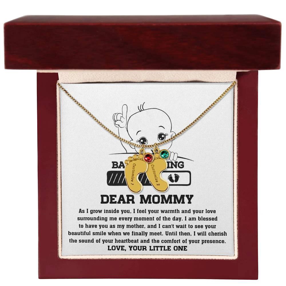 Dear Mommy Your Little One Can't Wait to See your Smile Engraved Name Baby Feet Pendant Necklace with Birthstone