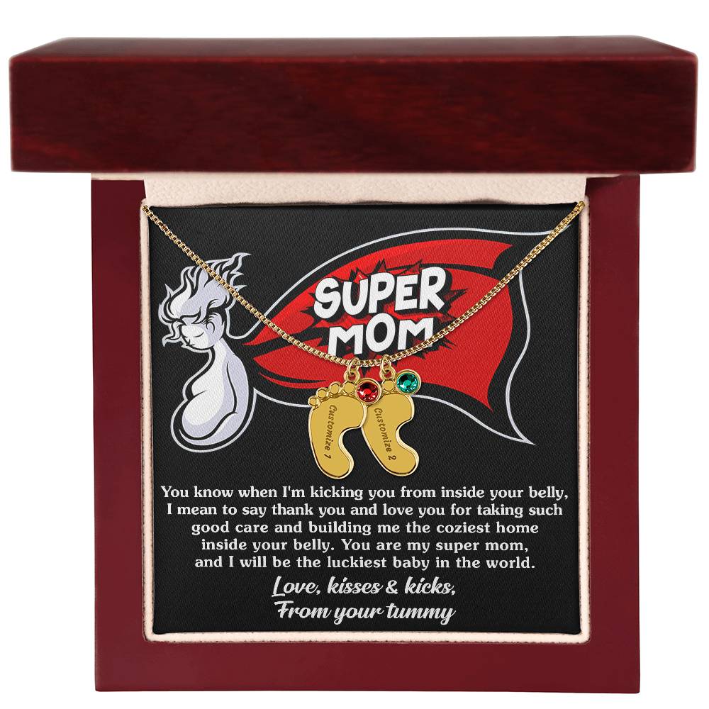 Supermom Love, Kisses and Kicks From Your Tummy Engraved Name Baby Feet Pendant Necklace with Birthstone - Mallard Moon Gift Shop