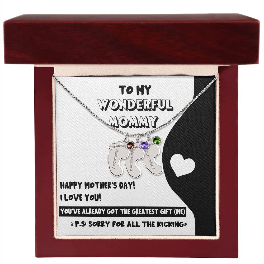 Gift for New Mom - Sorry for All the Kicking Baby Feet Engraved Name Charm Necklace with Birthstone - Mallard Moon Gift Shop