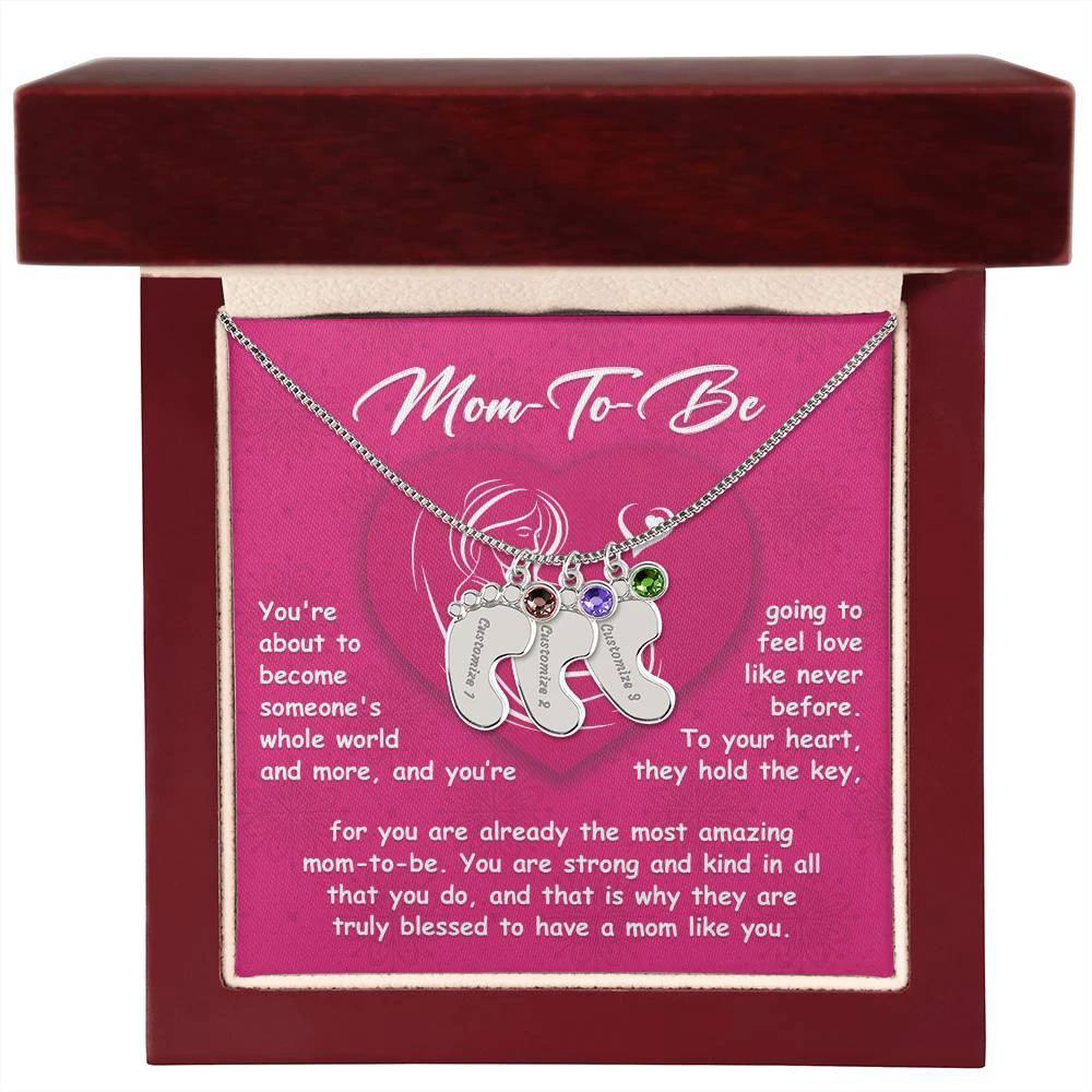 Gift for Mom-to-be Engraved Name Baby Feet Pendant Necklace with Birthstone