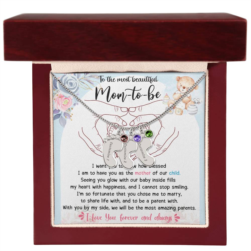 Mom-to-be Gift from Husband Engraved Name Baby Feet Charm Necklace with Birthstone - Mallard Moon Gift Shop