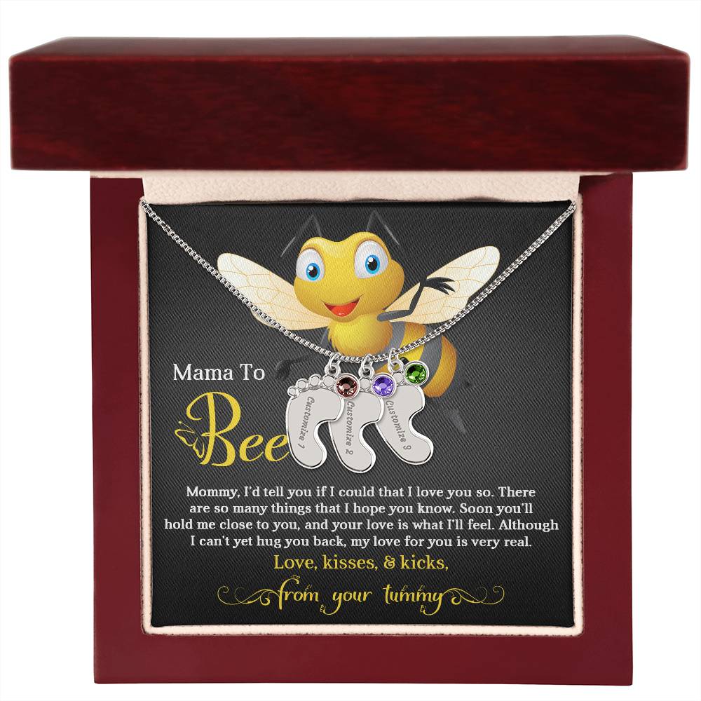 Mama To Bee Love, Kisses and Kicks from your Tummy Engraved Name Baby Feet Charm Necklace with Birthstone - Mallard Moon Gift Shop