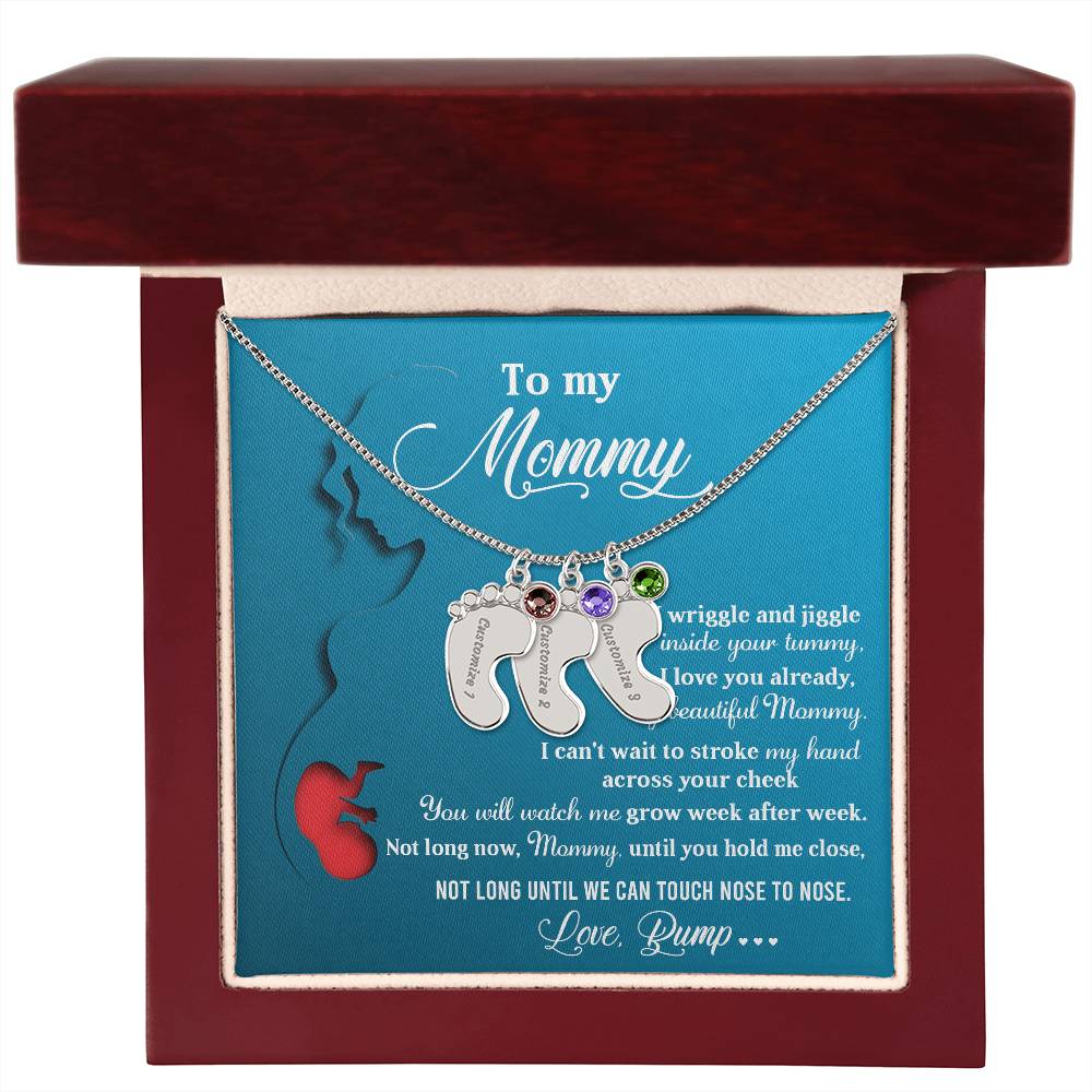 New Mom Gift Not Long Now Until You Can Hold Me Close Baby Feet Engraved Name Charm Necklace with Birthstone - Mallard Moon Gift Shop