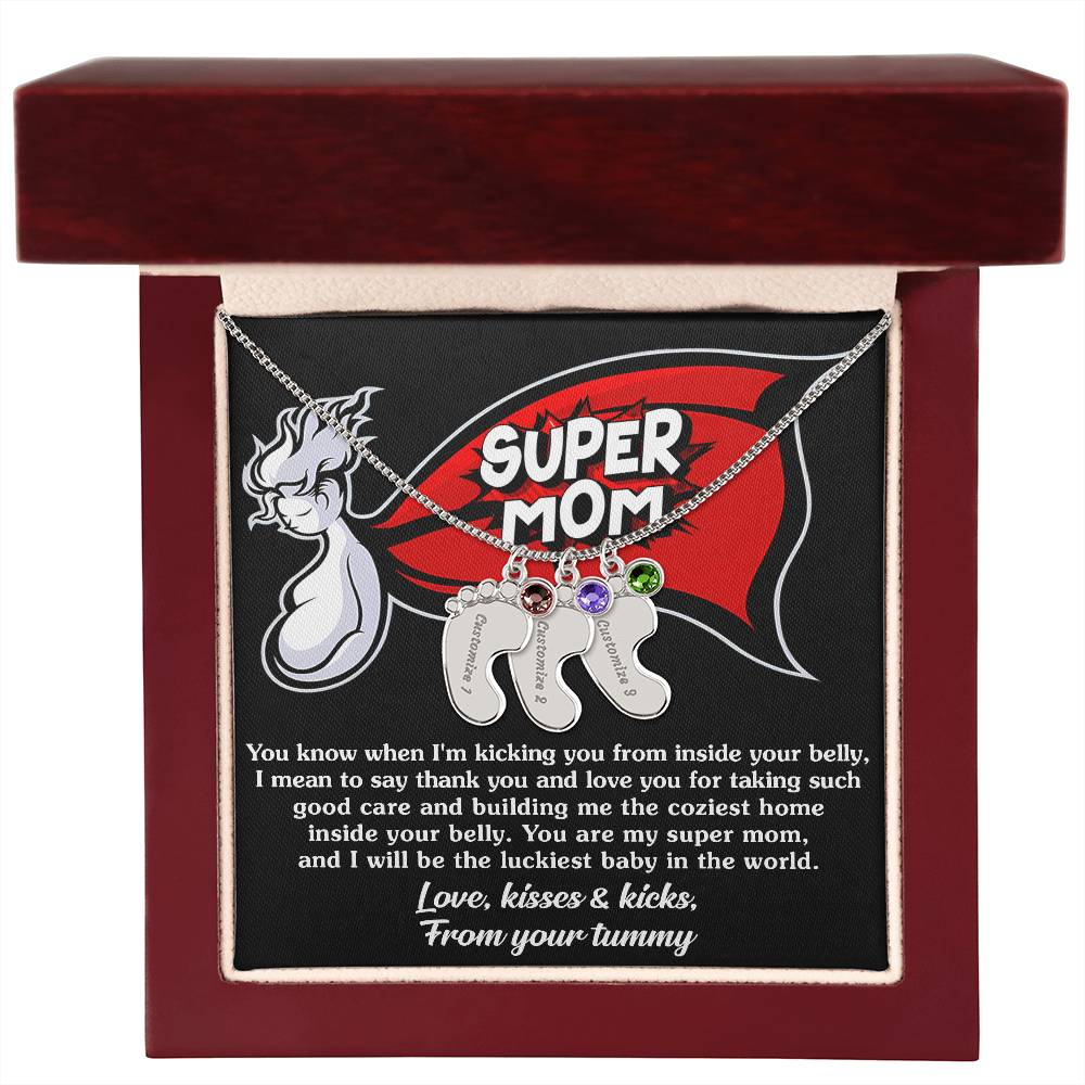 Supermom Love, Kisses and Kicks From Your Tummy Engraved Name Baby Feet Pendant Necklace with Birthstone - Mallard Moon Gift Shop
