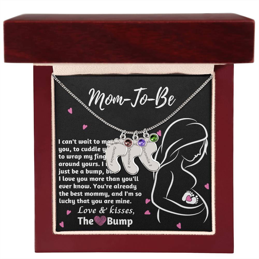 Mom-To-Be Love and Kisses From the Bump Engraved Name Baby Feet Pendant Necklace with Birthstone - Mallard Moon Gift Shop