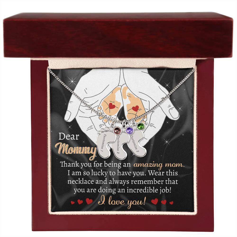 Pregnant Mother Gift You are doing an Incredible Job Engraved Name Baby Feet Necklace with Birthstone