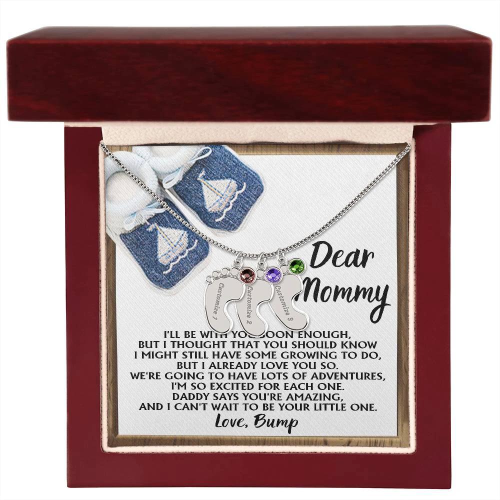 Dear Mommy I Already Love You Pregnancy Engraved Name Baby Feet Charm Necklace with Birthstone Gift for New Mom
