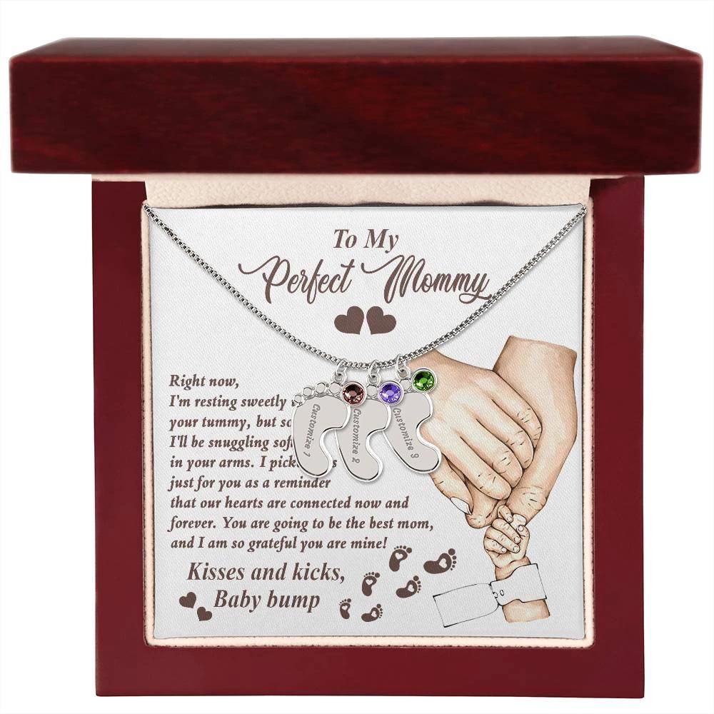 Gift for New Mom Kisses and Kicks from Baby Bump Engraved Name Baby Feet Pendant Necklace with Birthstone
