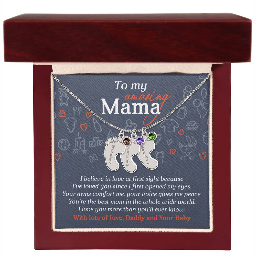 To My Amazing Mama I Believe in Love at First Sight Engraved Name Baby Feet Pendant Necklace with Birthstone - Mallard Moon Gift Shop