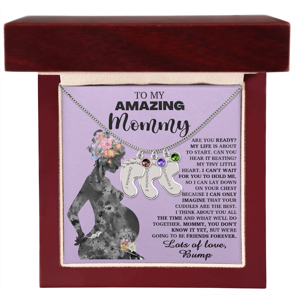 To My Amazing Mommy Lots of Love from the Bump Pregnancy Gift Engraved Name Baby Feet Charm Necklace with Birthstone - Mallard Moon Gift Shop