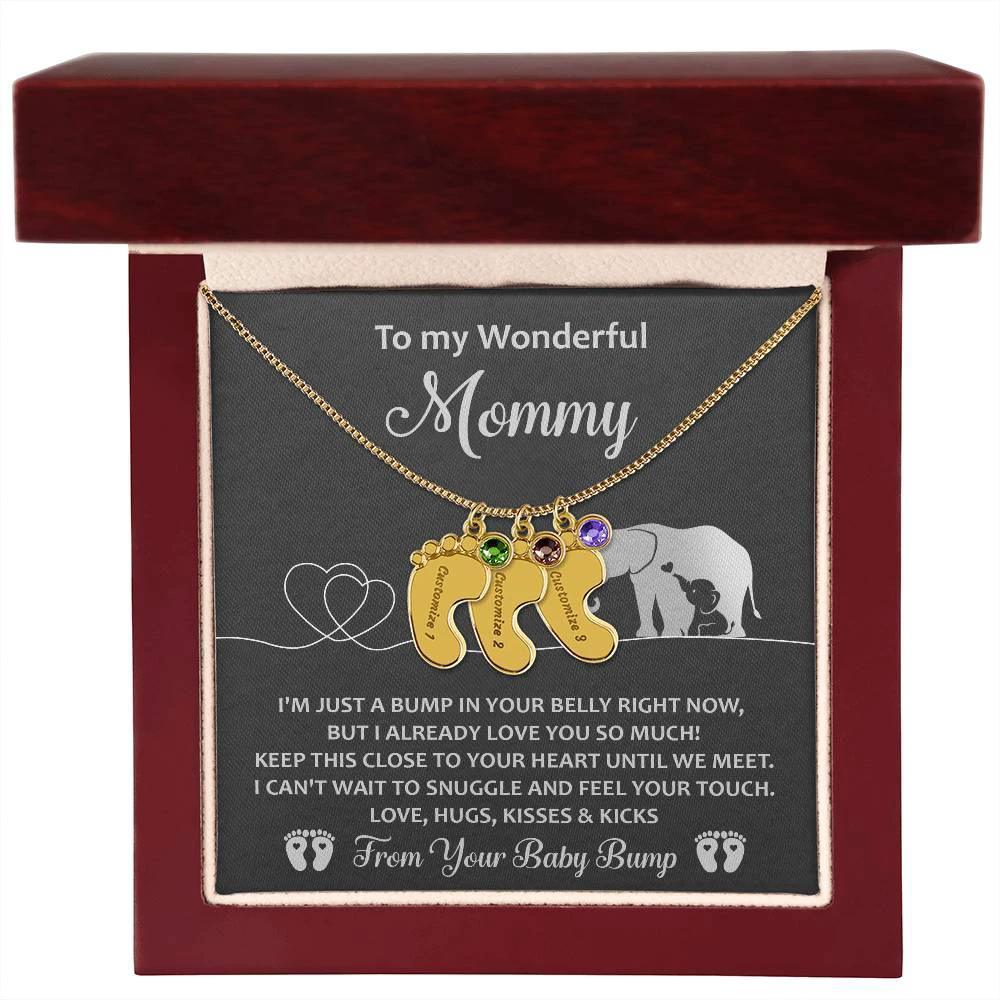 To My Wonderful Mommy I May be Just a Bump But I Love You So Much Engraved Name Baby Feet Necklace with Birthstone