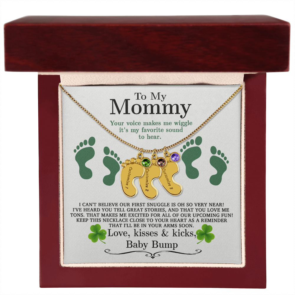To My Mommy from Baby Bump - Personalized Baby Feet Necklace – Custom Name & Birthstone Pendant St. Patrick's Day Gift - Mallard Moon Gift Shop