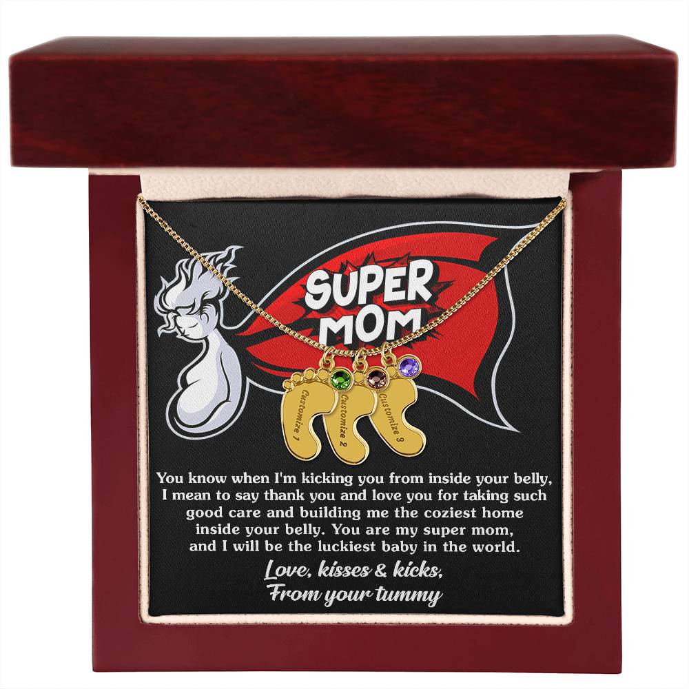 Supermom Love, Kisses and Kicks From Your Tummy Engraved Name Baby Feet Pendant Necklace with Birthstone - Mallard Moon Gift Shop