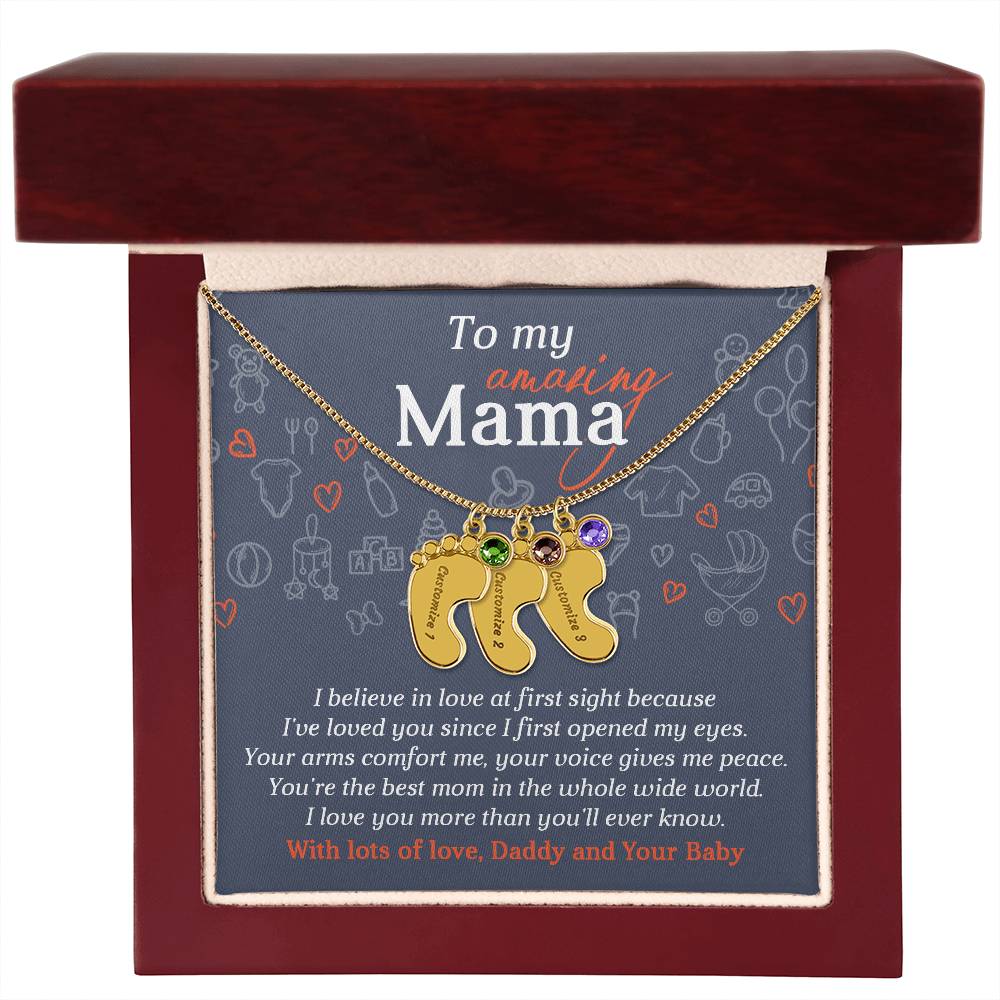 To My Amazing Mama I Believe in Love at First Sight Engraved Name Baby Feet Pendant Necklace with Birthstone - Mallard Moon Gift Shop