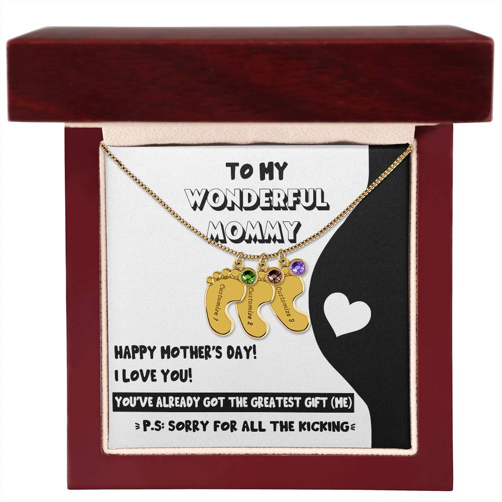 Gift for New Mom - Sorry for All the Kicking Baby Feet Engraved Name Charm Necklace with Birthstone - Mallard Moon Gift Shop