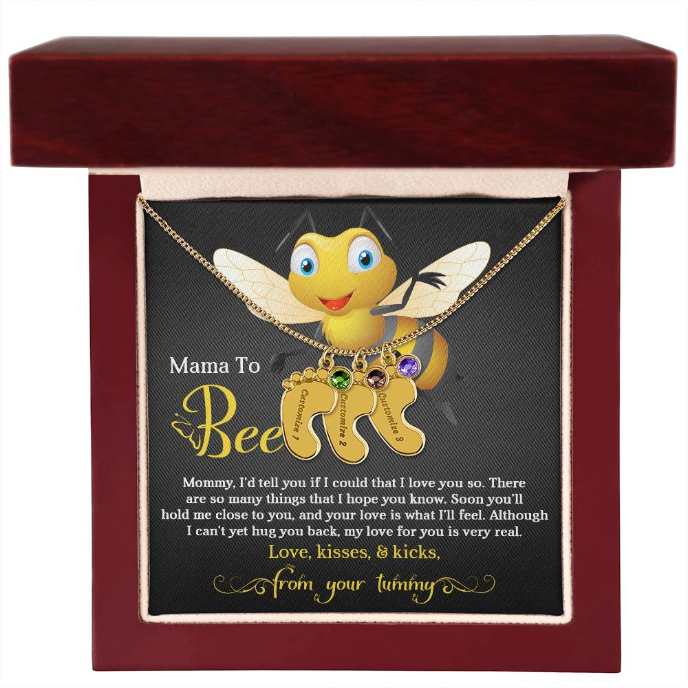 Mama To Bee Love, Kisses and Kicks from your Tummy Engraved Name Baby Feet Charm Necklace with Birthstone - Mallard Moon Gift Shop