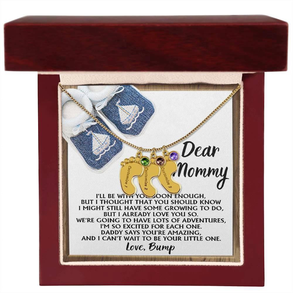 Dear Mommy I Already Love You Pregnancy Engraved Name Baby Feet Charm Necklace with Birthstone Gift for New Mom