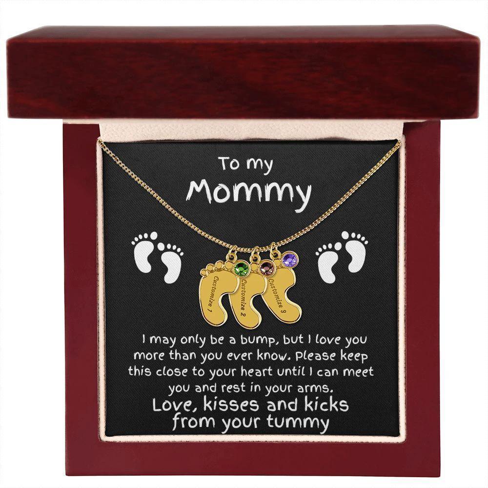 Expectant Mom Gift from the Bump Engraved Baby Feet Birthstone Charm Necklace