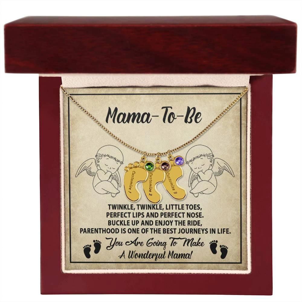 Gift for Mama-to-be Adorable Engraved Name Baby Feet Necklace with Birthstone