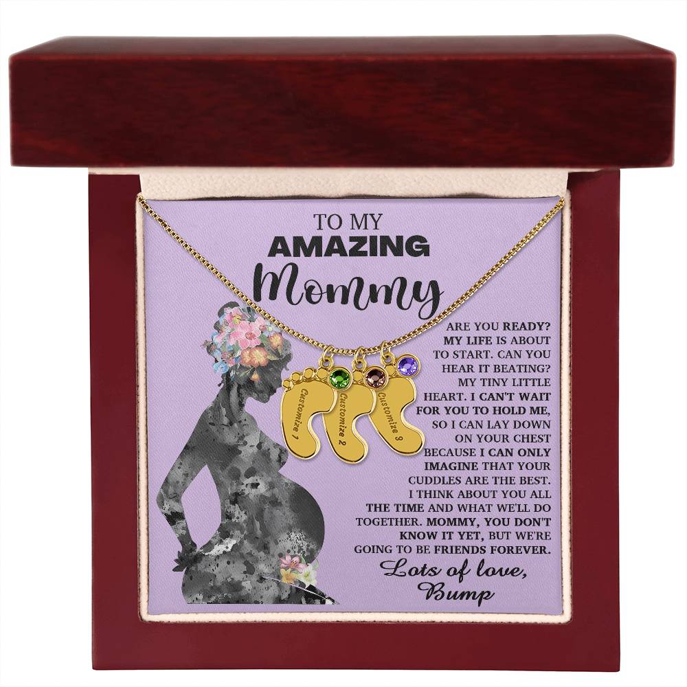 To My Amazing Mommy Lots of Love from the Bump Pregnancy Gift Engraved Name Baby Feet Charm Necklace with Birthstone - Mallard Moon Gift Shop