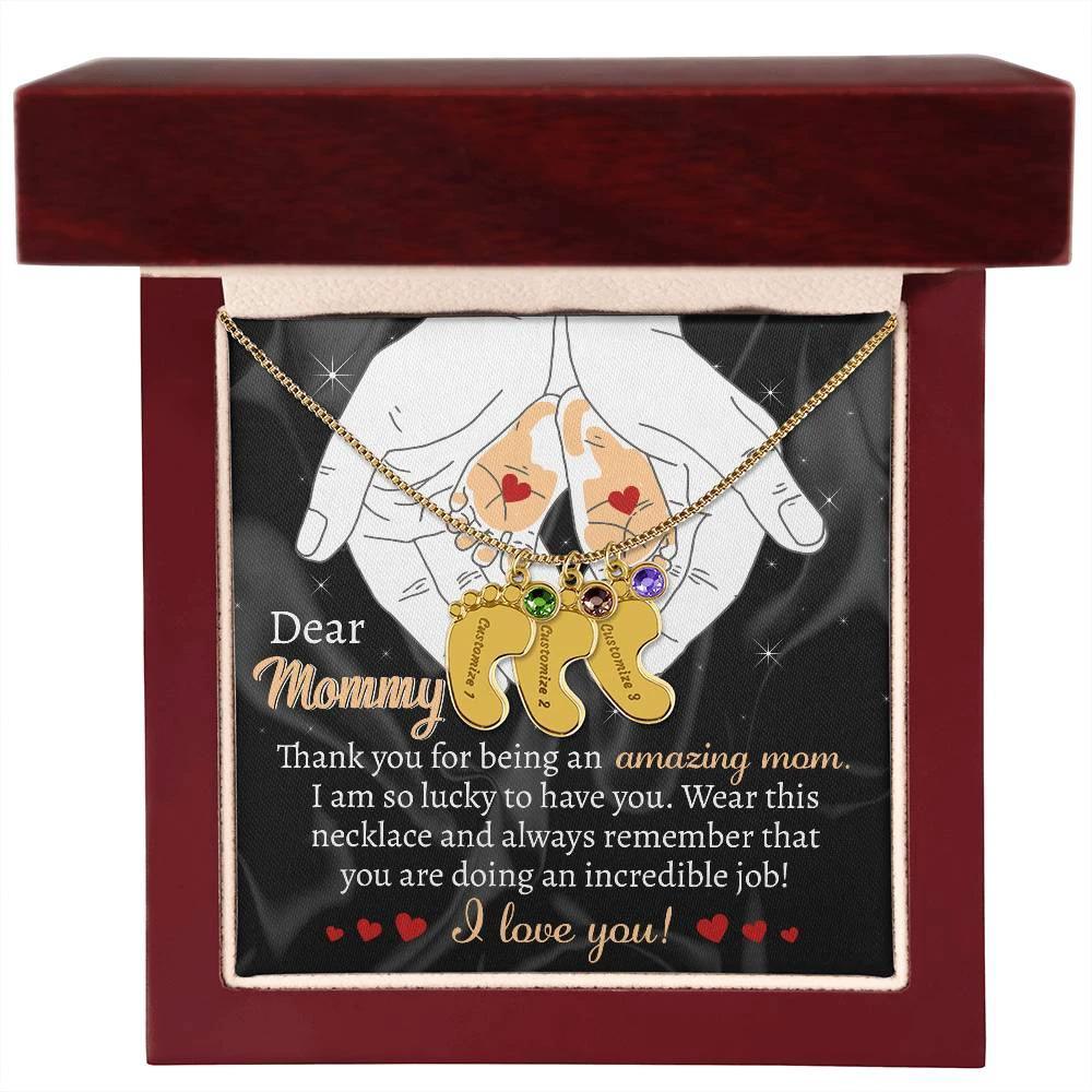 Pregnant Mother Gift You are doing an Incredible Job Engraved Name Baby Feet Necklace with Birthstone