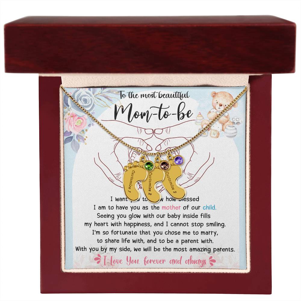 Mom-to-be Gift from Husband Engraved Name Baby Feet Charm Necklace with Birthstone - Mallard Moon Gift Shop