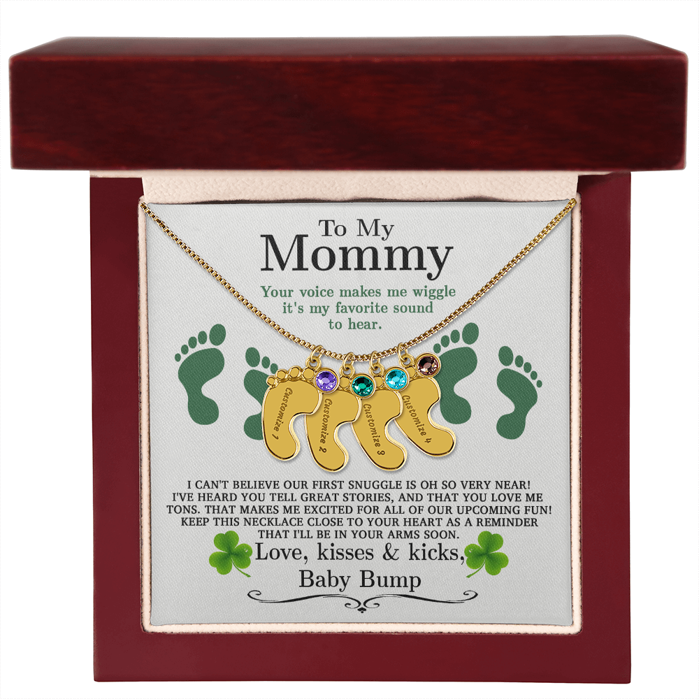 To My Mommy from Baby Bump - Personalized Baby Feet Necklace – Custom Name & Birthstone Pendant St. Patrick's Day Gift - Mallard Moon Gift Shop