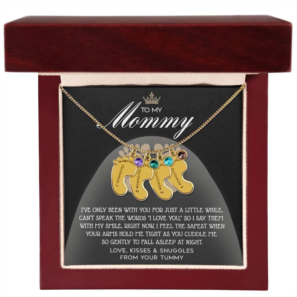 Gift for New Mom Engraved Name Baby Feet Pendant Necklace with Birthstone - I Love You with My Smile