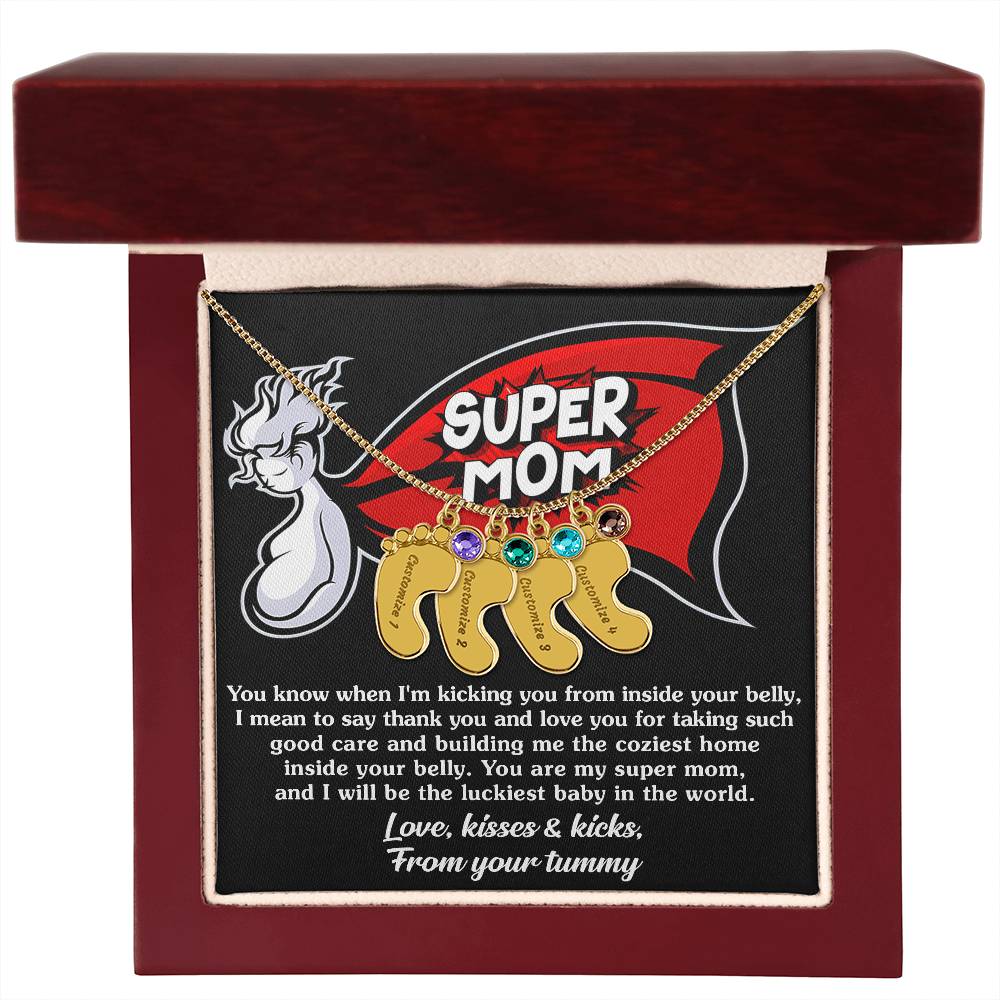 Supermom Love, Kisses and Kicks From Your Tummy Engraved Name Baby Feet Pendant Necklace with Birthstone - Mallard Moon Gift Shop