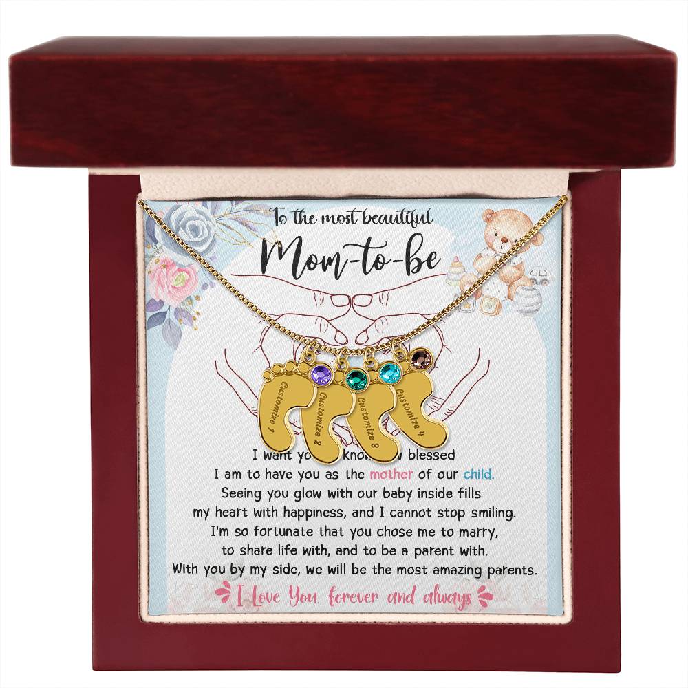 Mom-to-be Gift from Husband Engraved Name Baby Feet Charm Necklace with Birthstone - Mallard Moon Gift Shop