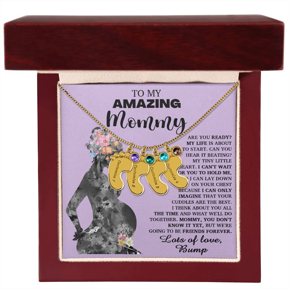 To My Amazing Mommy Lots of Love from the Bump Pregnancy Gift Engraved Name Baby Feet Charm Necklace with Birthstone - Mallard Moon Gift Shop