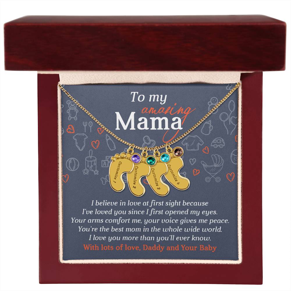 To My Amazing Mama I Believe in Love at First Sight Engraved Name Baby Feet Pendant Necklace with Birthstone - Mallard Moon Gift Shop