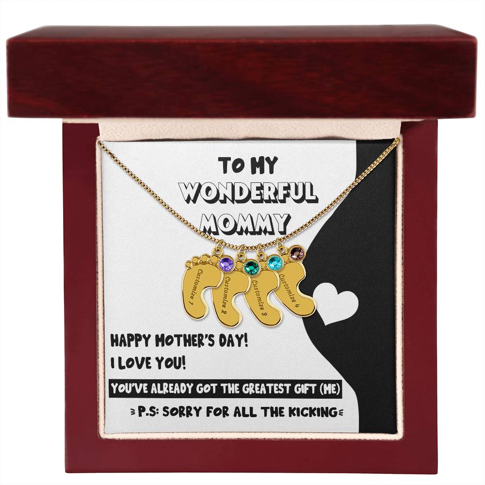 Gift for New Mom - Sorry for All the Kicking Baby Feet Engraved Name Charm Necklace with Birthstone - Mallard Moon Gift Shop