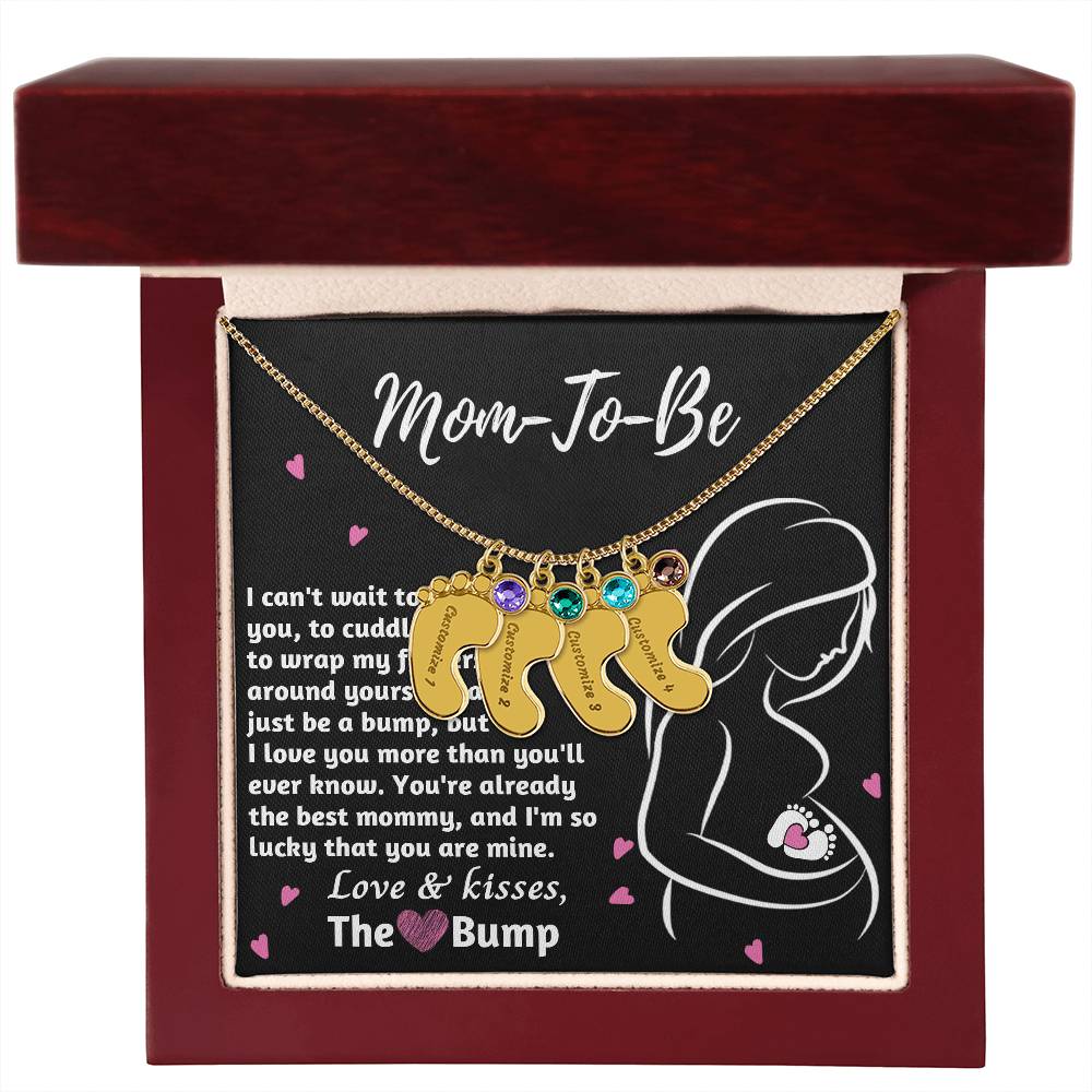 Mom-To-Be Love and Kisses From the Bump Engraved Name Baby Feet Pendant Necklace with Birthstone - Mallard Moon Gift Shop
