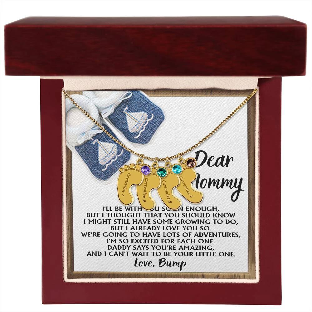 Dear Mommy I Already Love You Pregnancy Engraved Name Baby Feet Charm Necklace with Birthstone Gift for New Mom