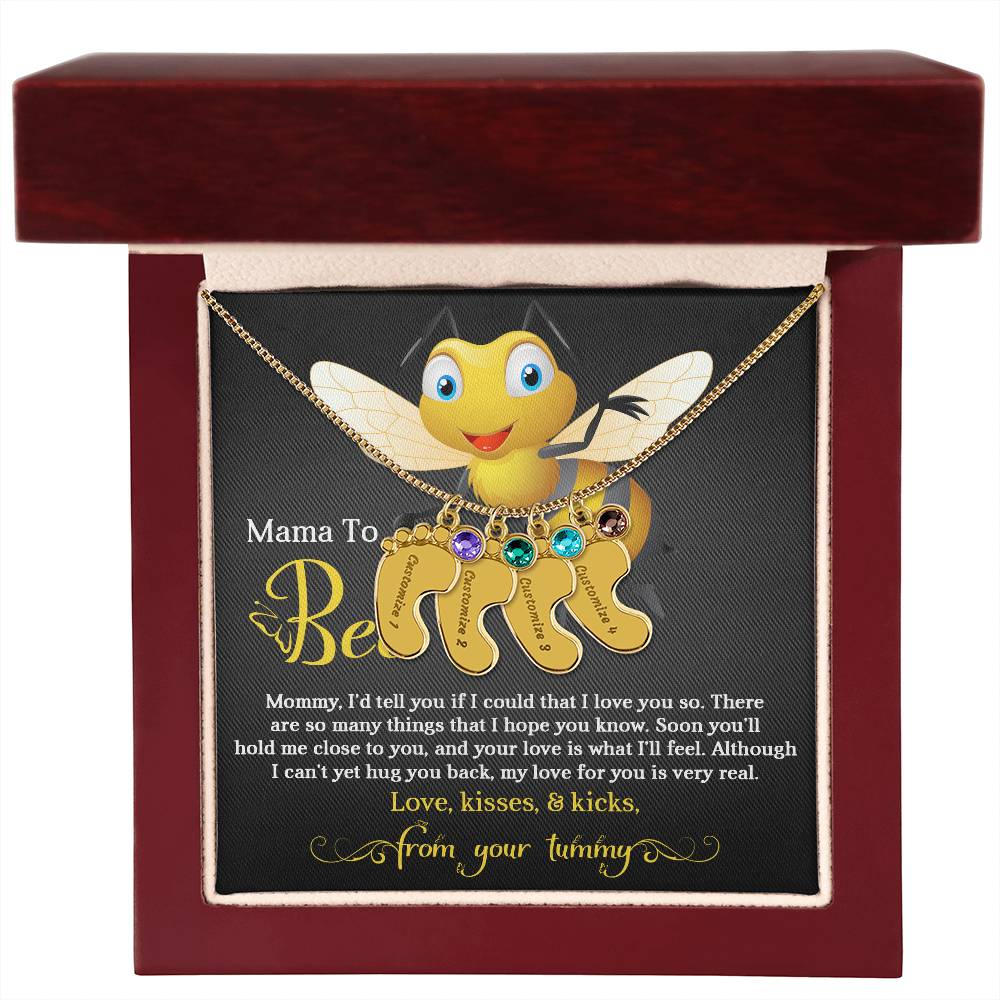 Mama To Bee Love, Kisses and Kicks from your Tummy Engraved Name Baby Feet Charm Necklace with Birthstone - Mallard Moon Gift Shop