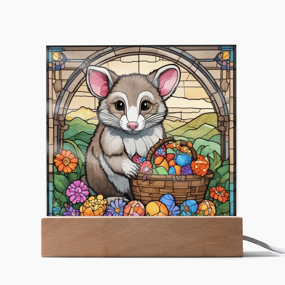 Possum LED Acrylic Plaque, Night Light – Spring Flowers & Easter Egg Basket – Wooden Base (Battery or Corded)