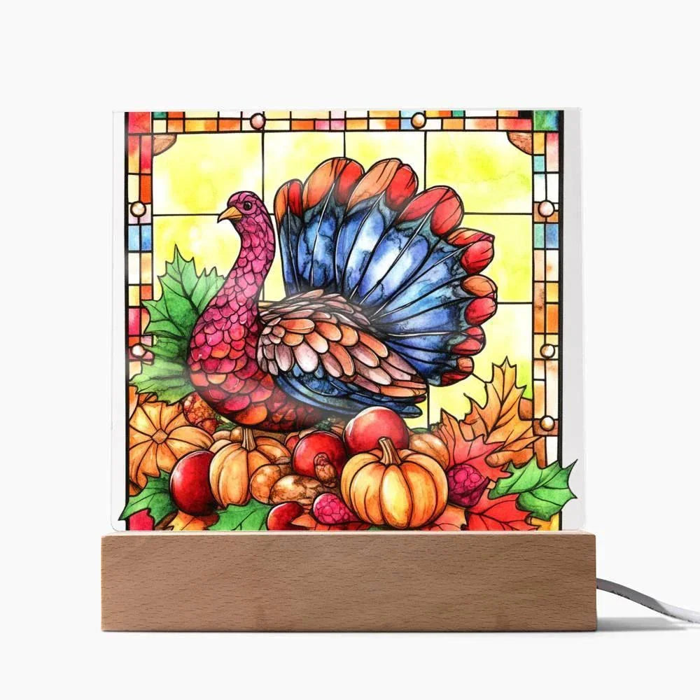 Thanksgiving Turkey Stained-glass Acrylic Square LED Lighted Wooden Base