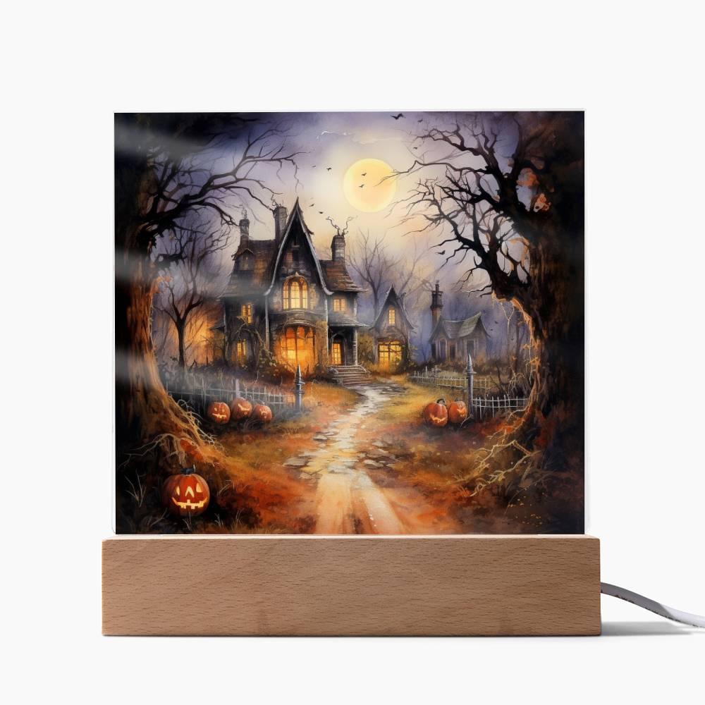 Ghostly Manor: Halloween Acrylic Square Plaque with LED Lighted Wooden Base - Mallard Moon Gift Shop