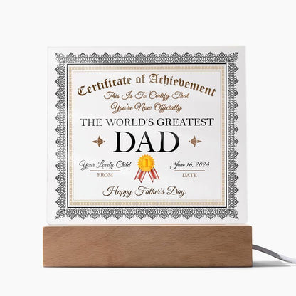 Father's Day Gift Certificate of Achievement for The World's Greatest Dad Personalized Acrylic Plaque - Mallard Moon Gift Shop