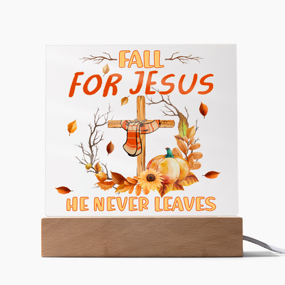 Fall for Jesus Acrylic Plaque – Christian Fall Décor with Cross and Pumpkins | Faith-Based LED Light Display Gift