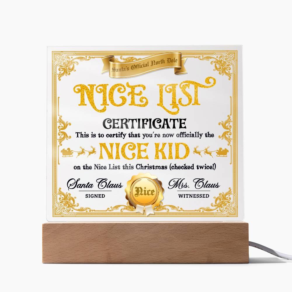 Christmas Decor - Nice Kid List Certificate Acrylic Square Plaque with LED Wooden Base - Mallard Moon Gift Shop