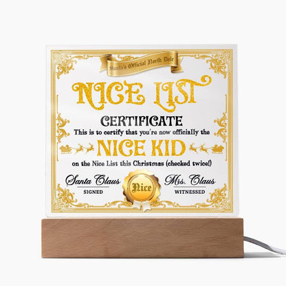 Christmas Decor - Nice Kid List Certificate Acrylic Square Plaque with LED Wooden Base - Mallard Moon Gift Shop