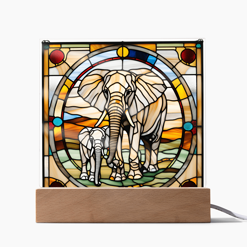 Elephant Mother and Baby Calf - Stained Glass Style LED Acrylic Plaque – A Symbol of Strength, Love, and Family - Mallard Moon Gift Shop