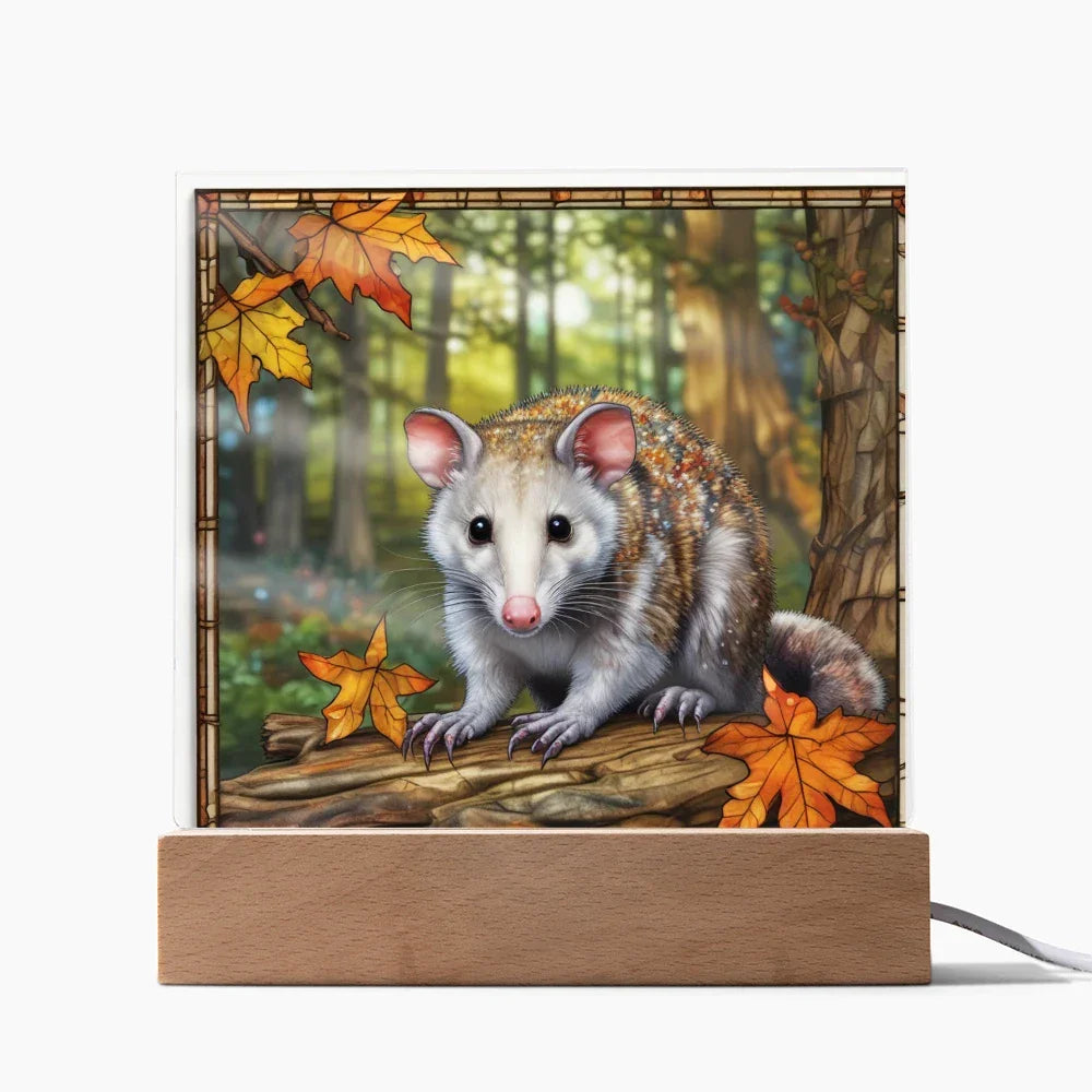 North American Opossum LED Acrylic Plaque – Autumn Forest Scene – Wooden Base (Battery or Corded)